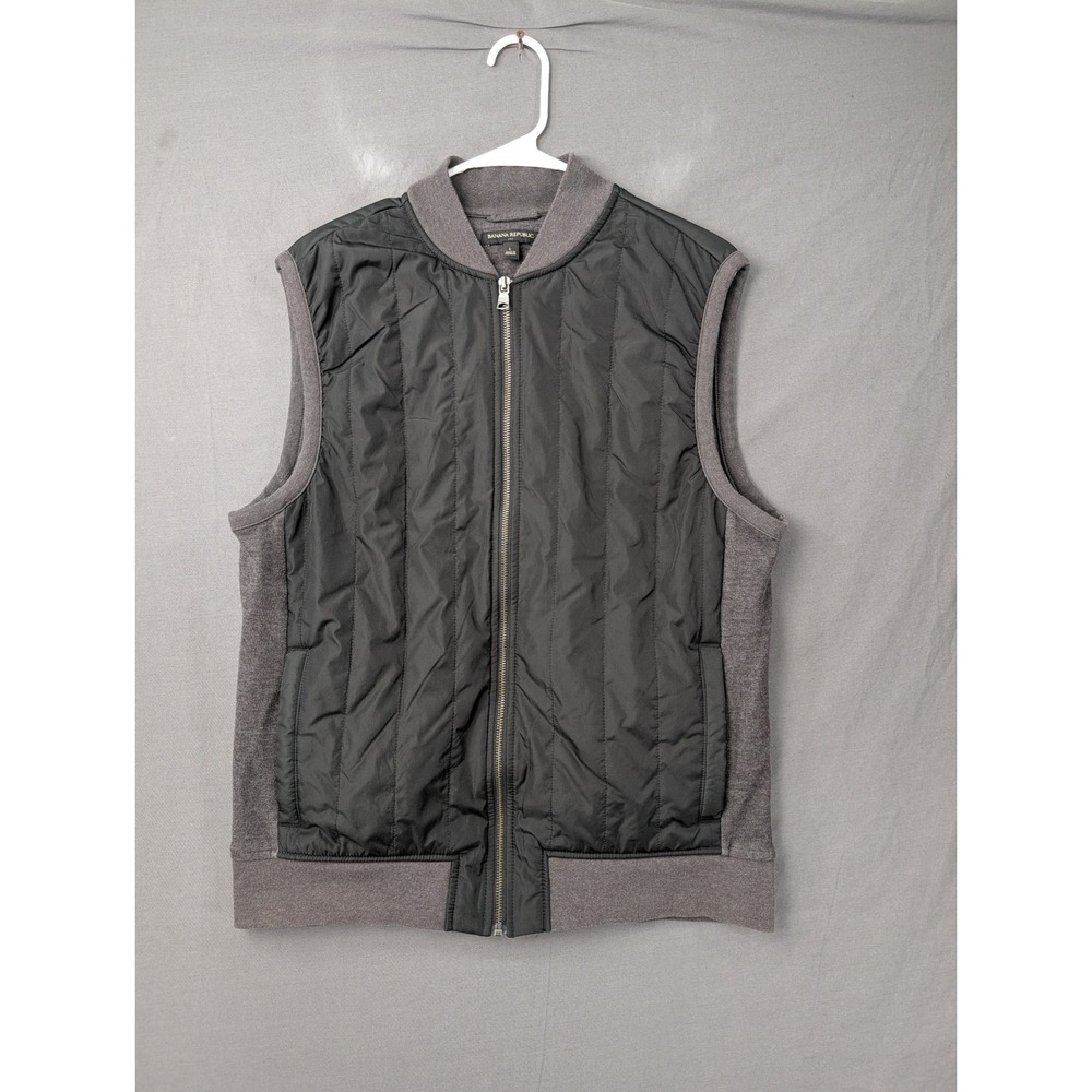 Banana Republic Mens Gray Mixed Media Puffer Vest Large Full Zip Mock Neck